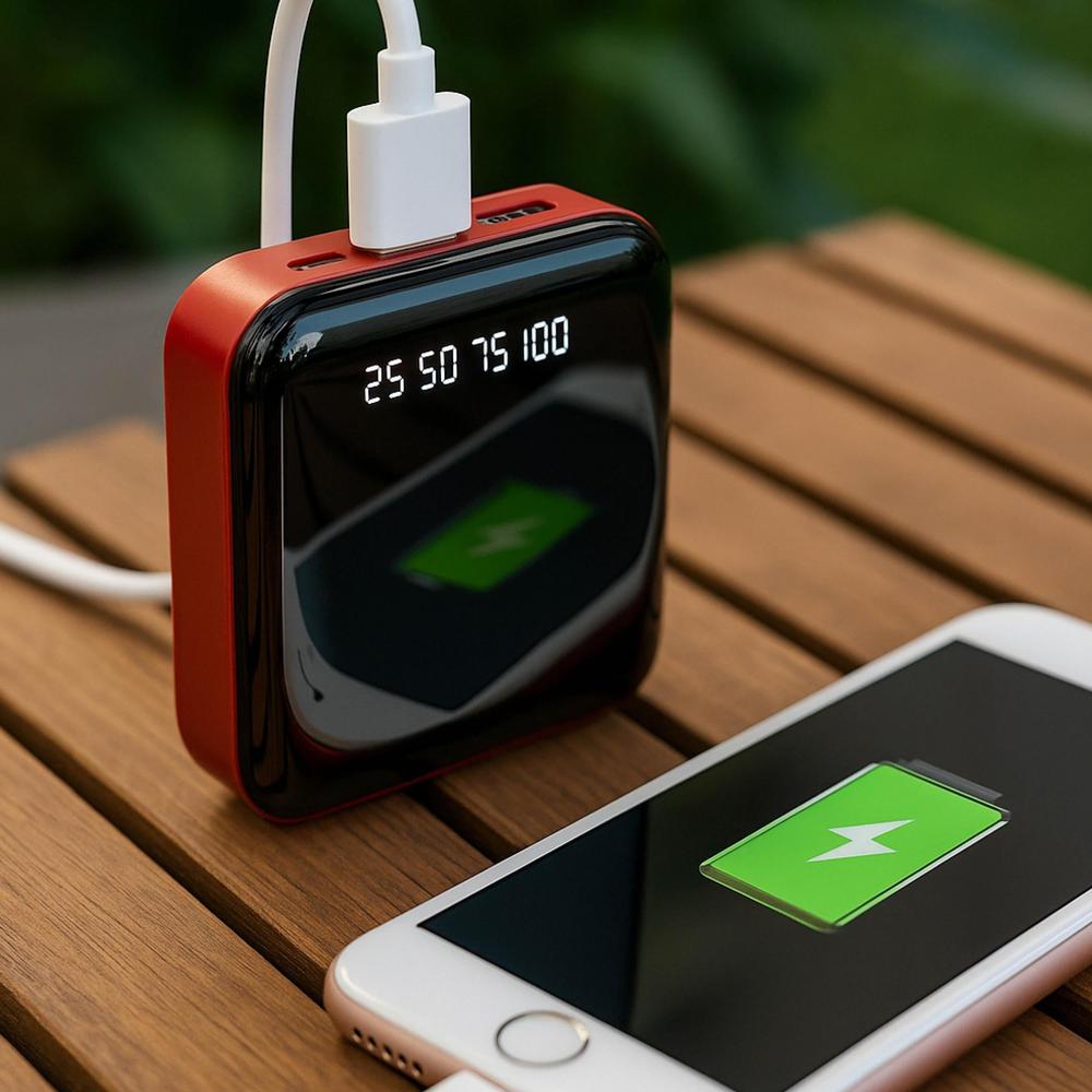 Portable power bank with digital display charging a smartphone on a wooden surface.