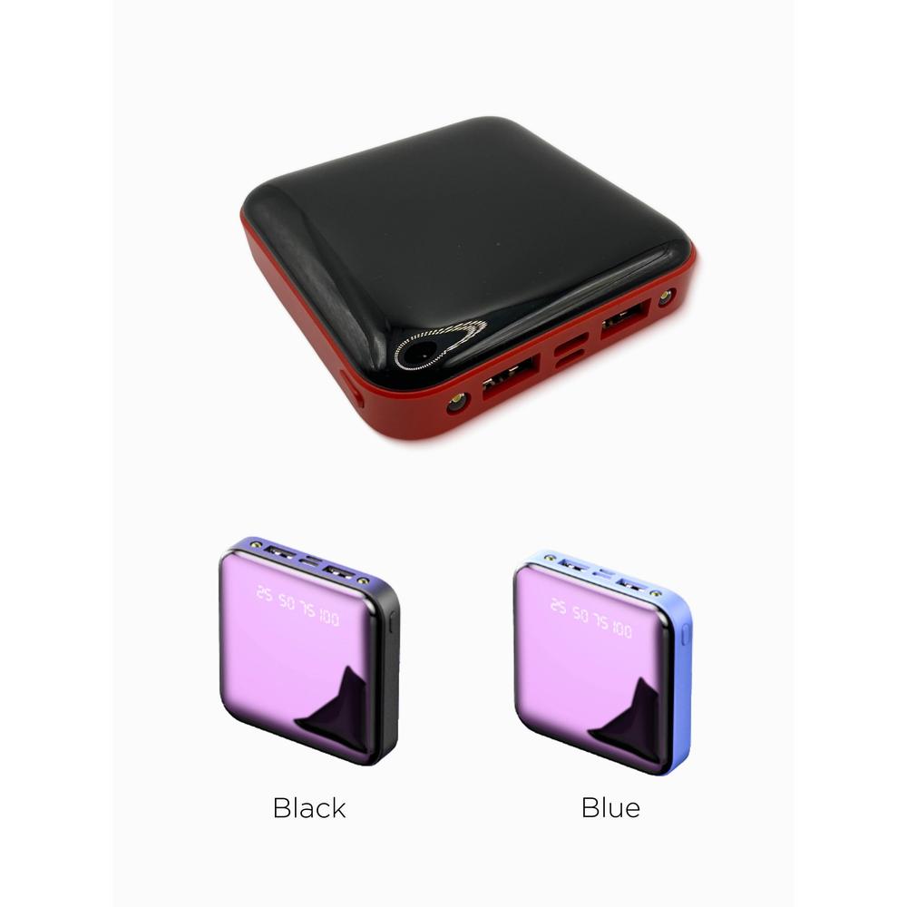 Portable electronic device in red, black and blue on a white background