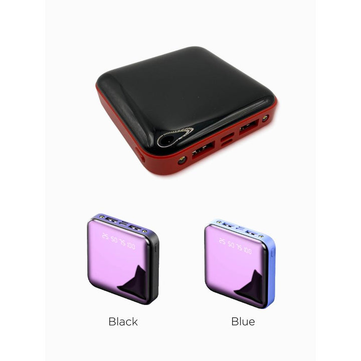 Portable electronic device in red, black and blue on a white background