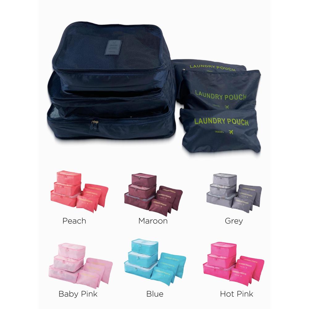 Set of navy blue packing cubes and laundry pouches with color options displayed below.