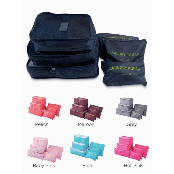 Set of navy blue packing cubes and laundry pouches with color options displayed below.