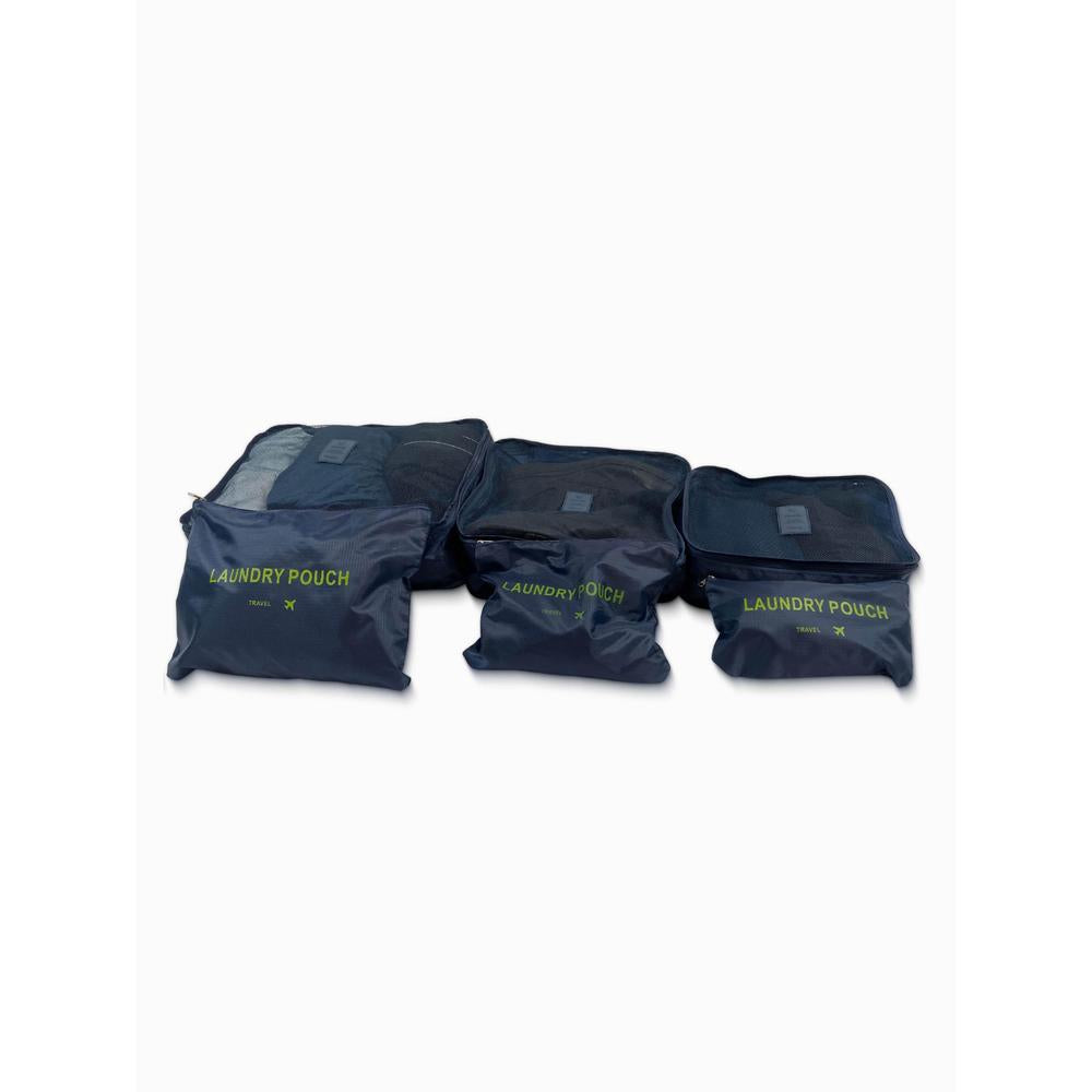 Set of navy blue packing cubes and laundry pouches with 'Laundry Pouch' label on a white background