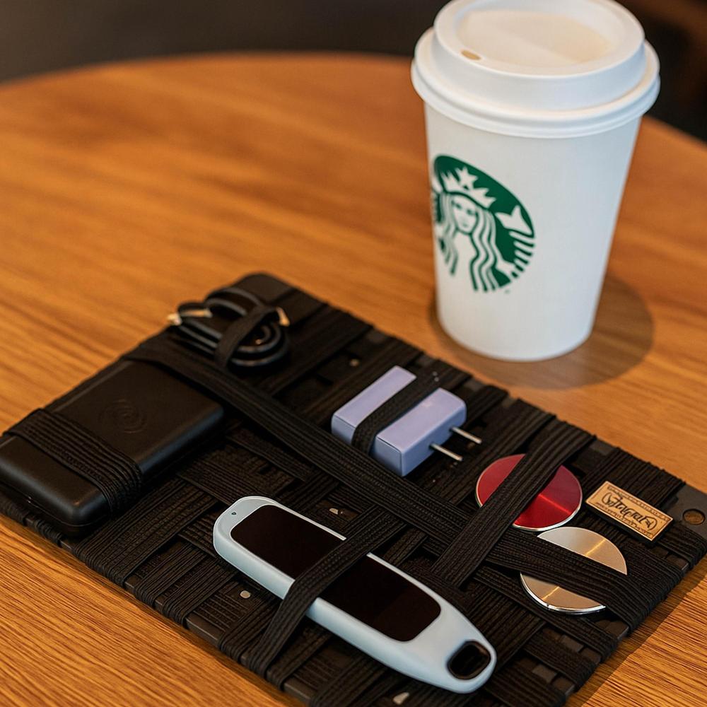 Alloy frame organizer case holding various electronic devices on a wooden table with a Starbucks cup in the background