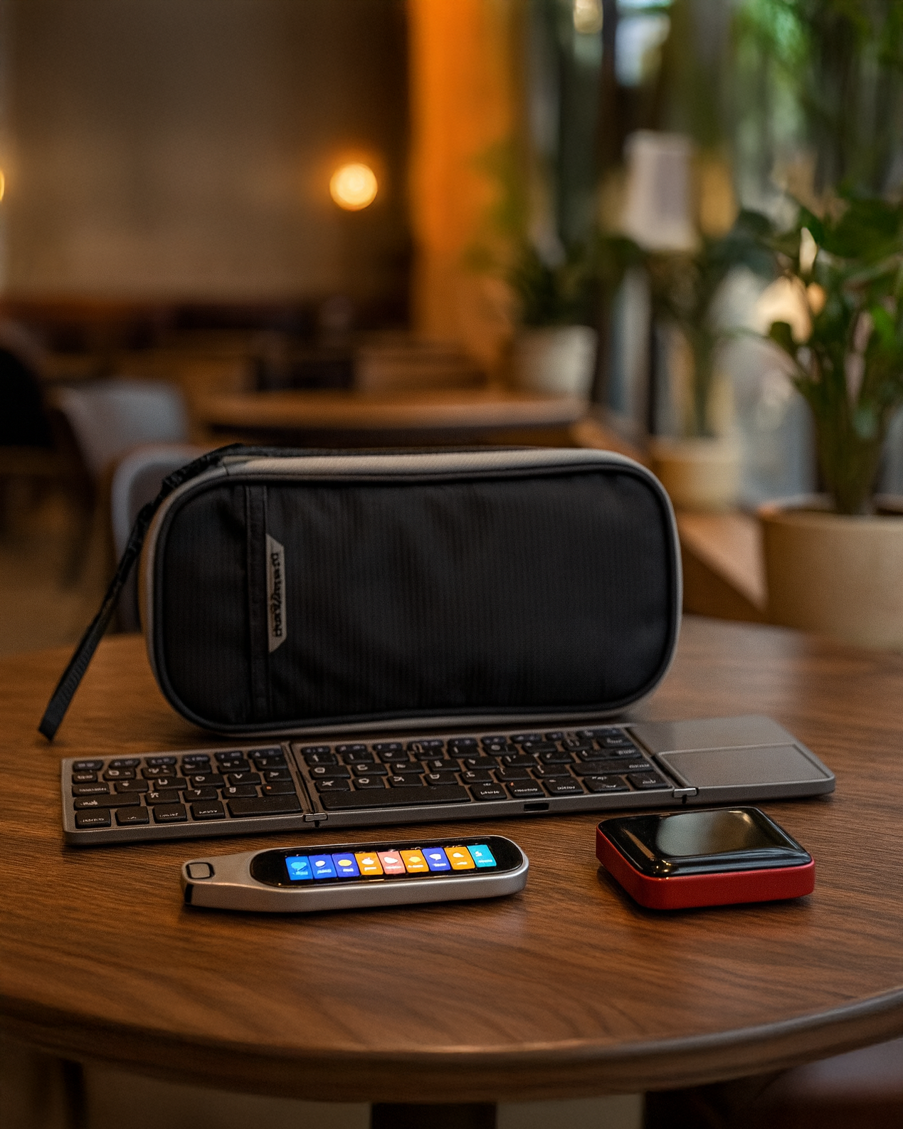 Black carrying case with keyboard, phone, and language translator device on a wooden table.