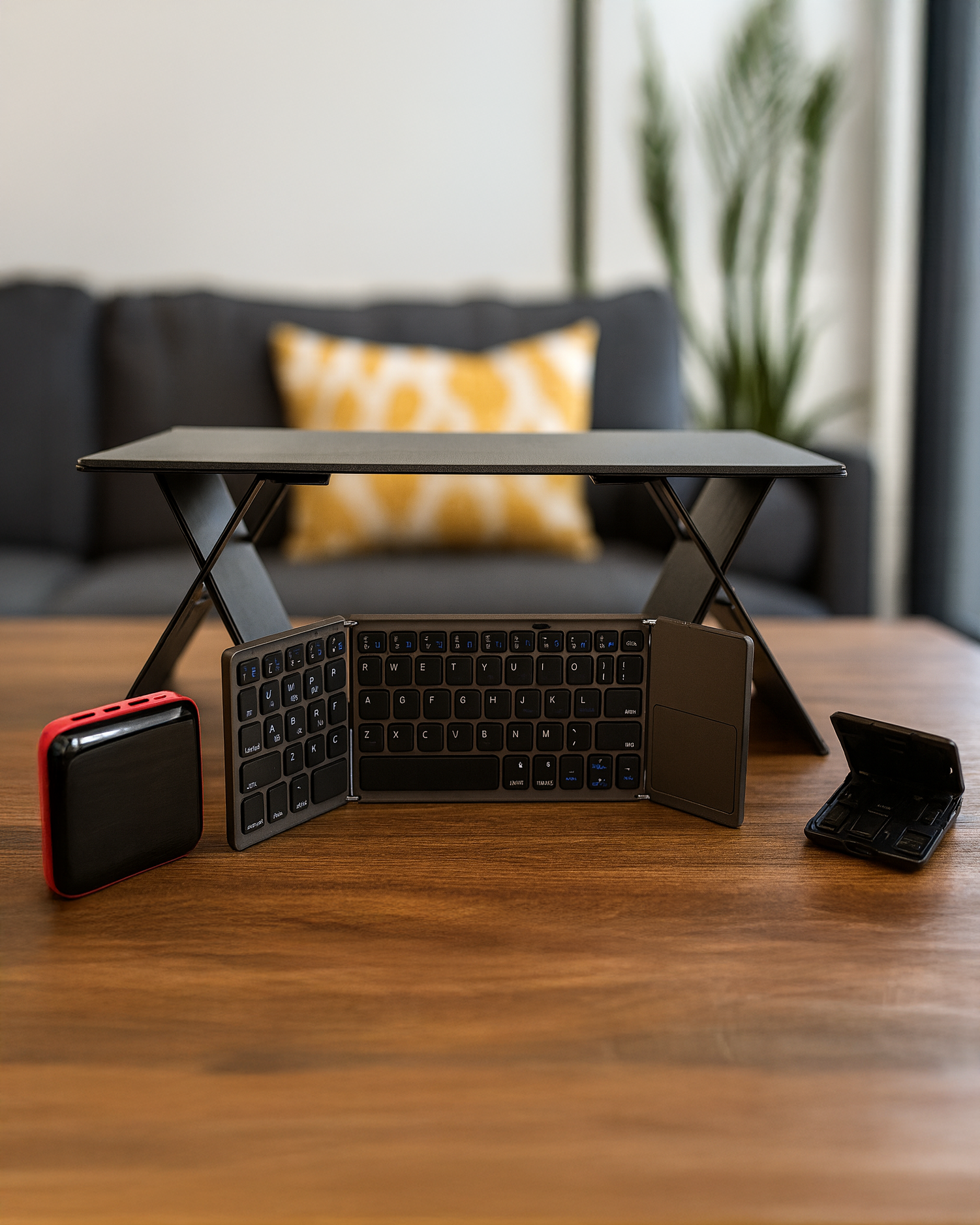 Portable desk setup on a wooden table with a sofa and decorative pillows in the background.
