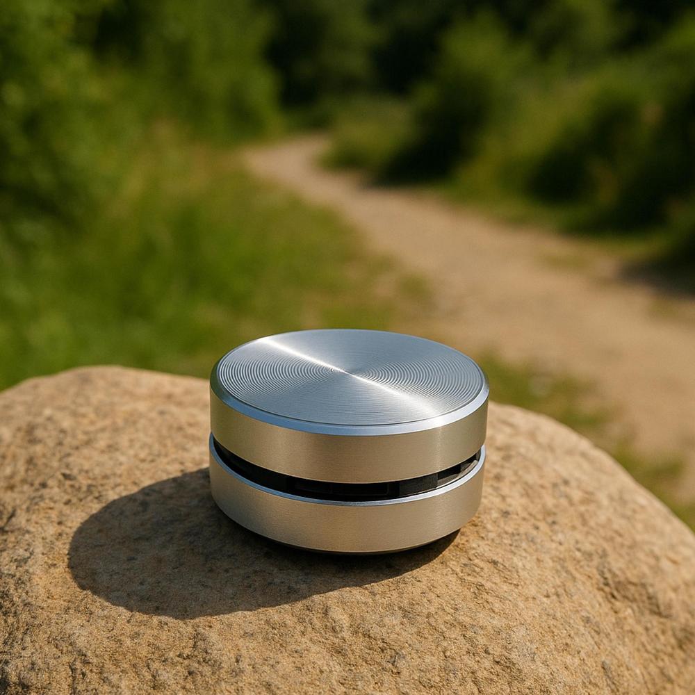 Silver bluetooth speaker on a rock with a natural background
