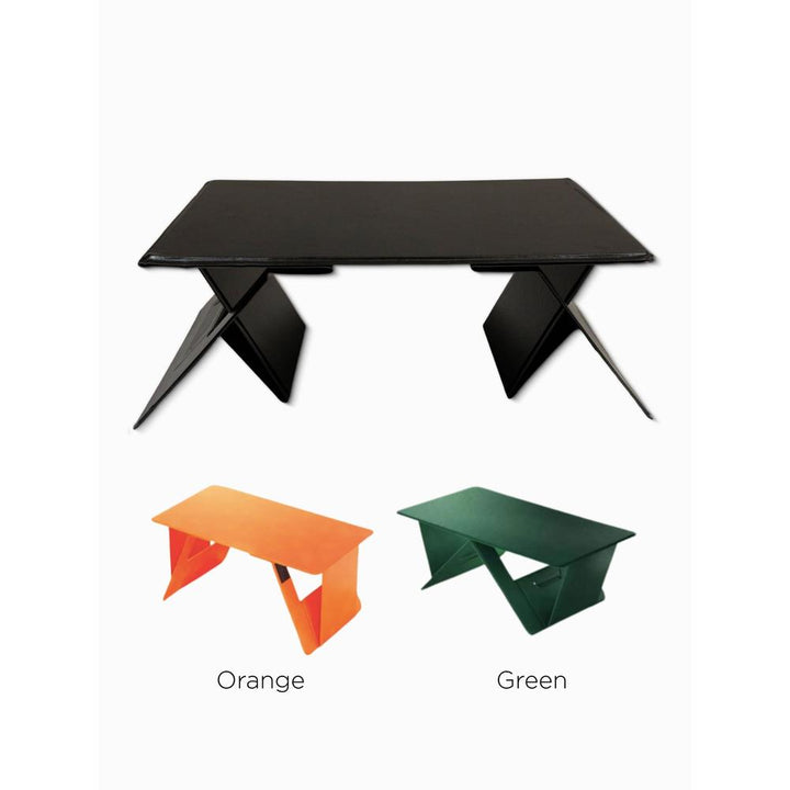 Black, orange, and green portable laptop stands on a white background