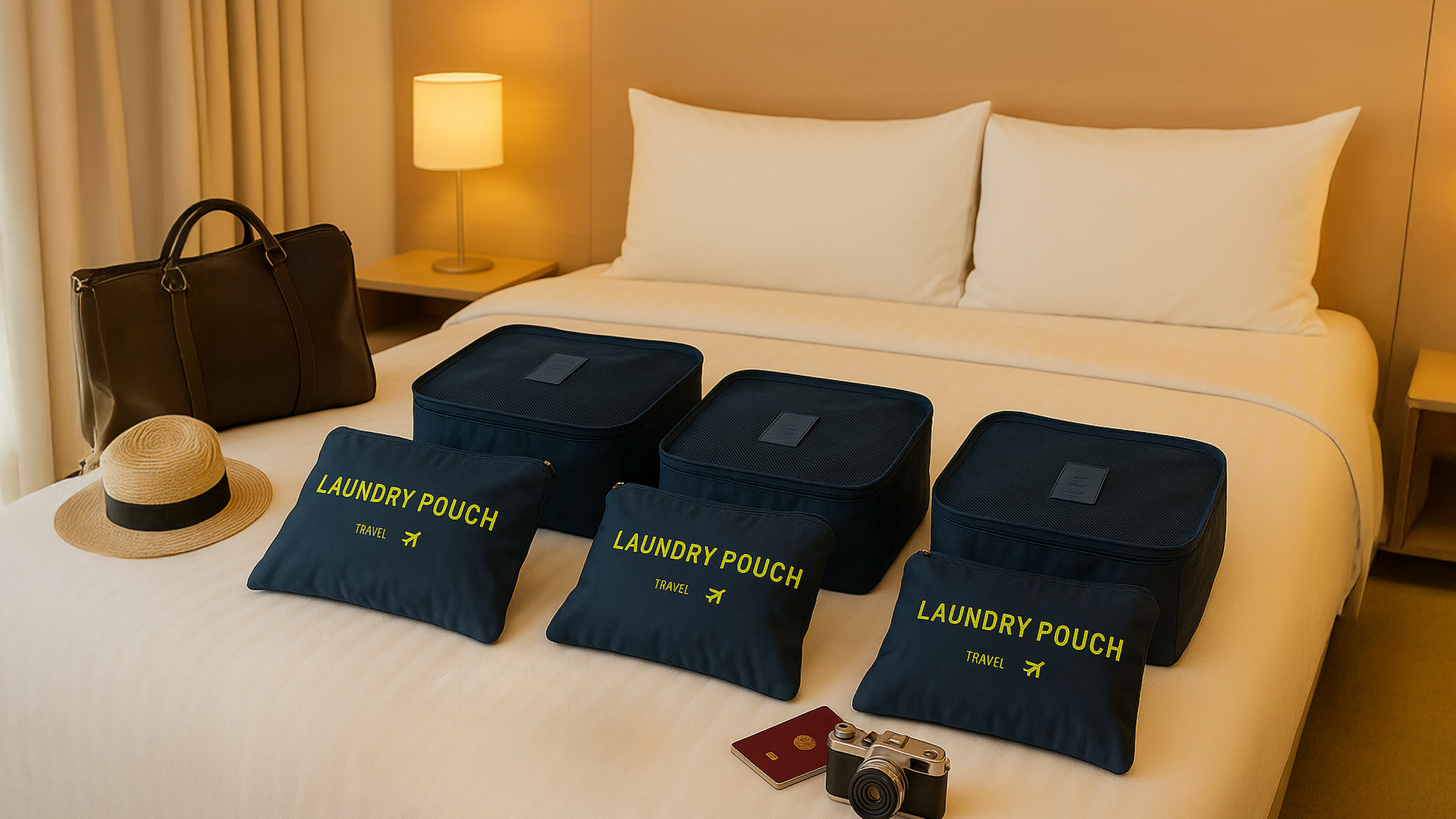 Travel organizers on a bed with a suitcase and hat in a hotel room setting.