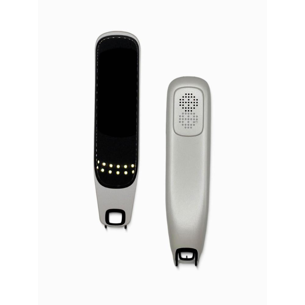 Two language translating devices, one with a screen and the other with a speaker, on a white background.