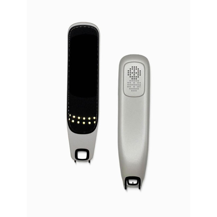 Two language translating devices, one with a screen and the other with a speaker, on a white background.