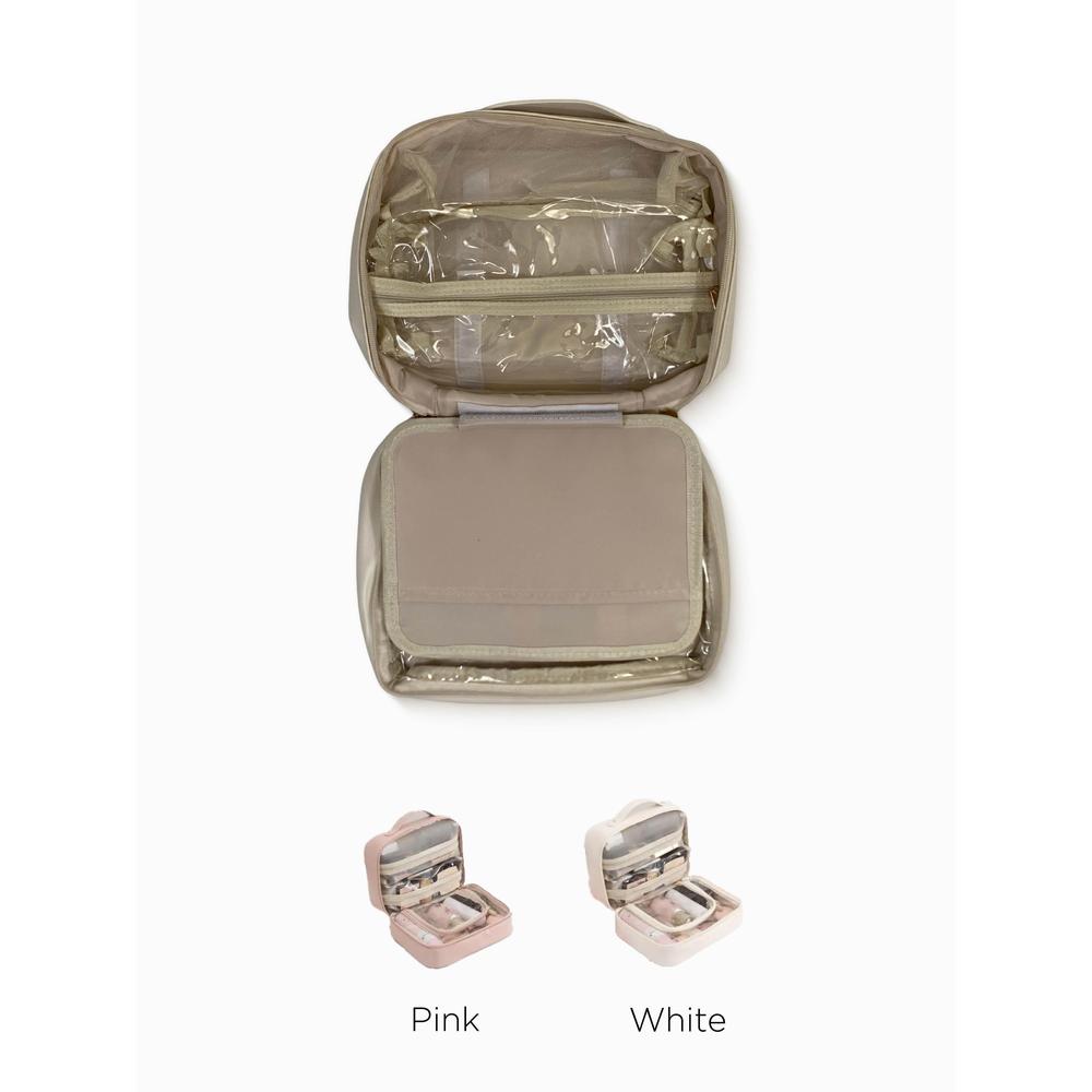 Toiletry organizer and with 'Pink' and 'White' color options on a white background