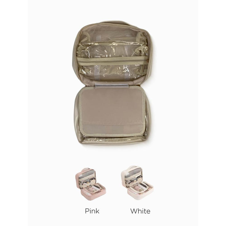 Toiletry organizer and with 'Pink' and 'White' color options on a white background