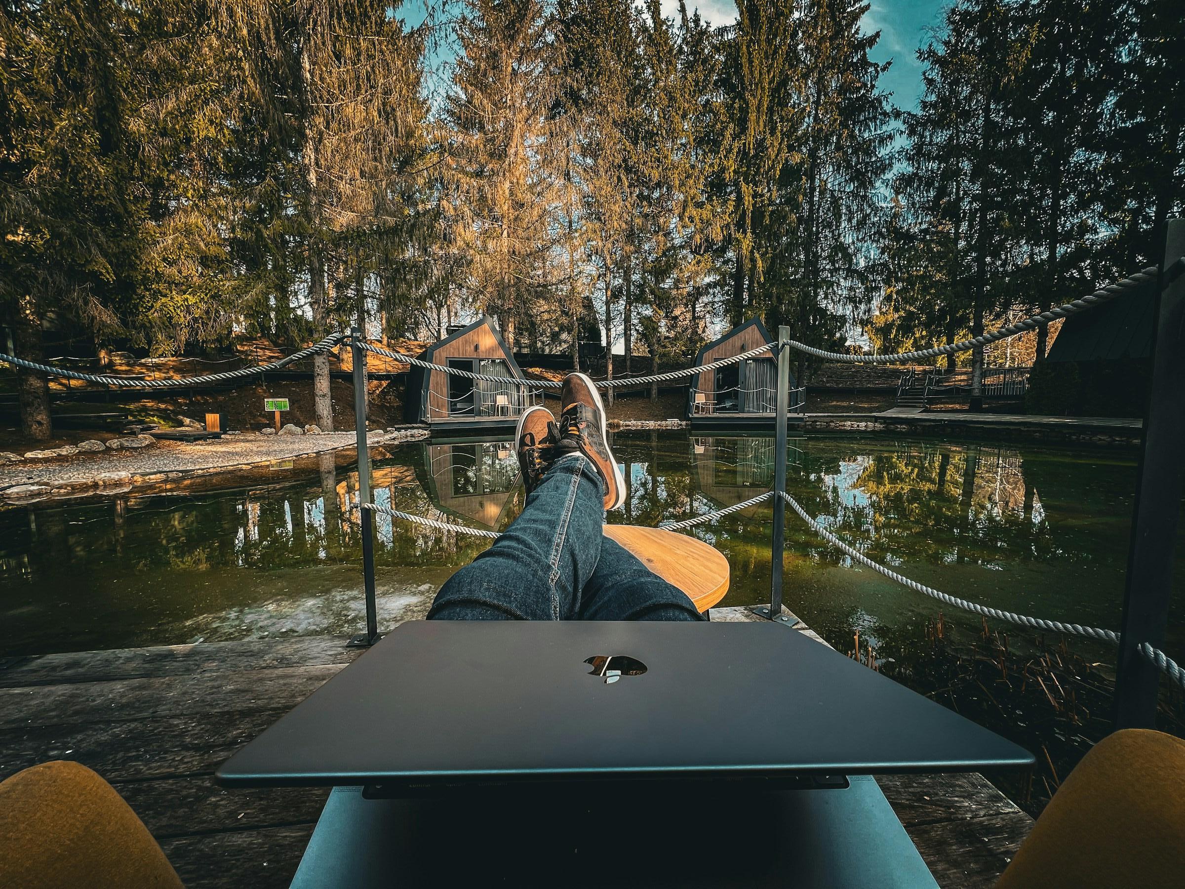 Person sitting by a lake with a laptop, surrounded by trees and a suspension bridge.