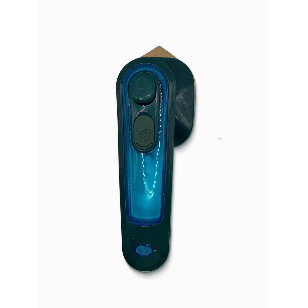 Green portable travel iron with a button on a white background