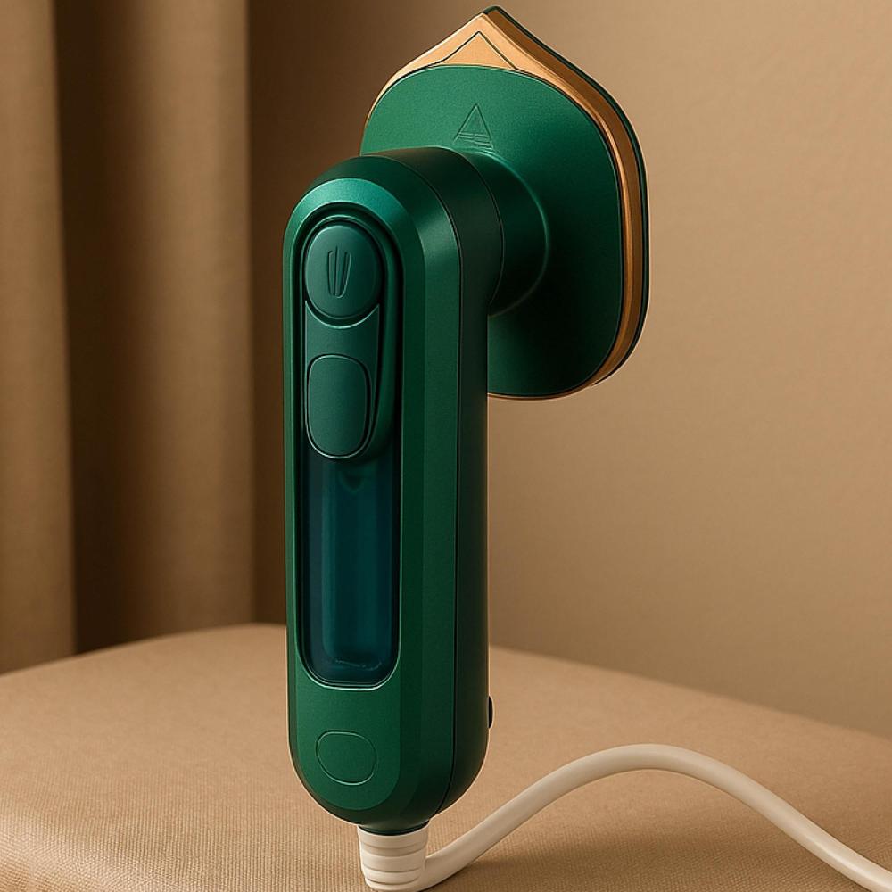Green iron with a white cord on a beige surface