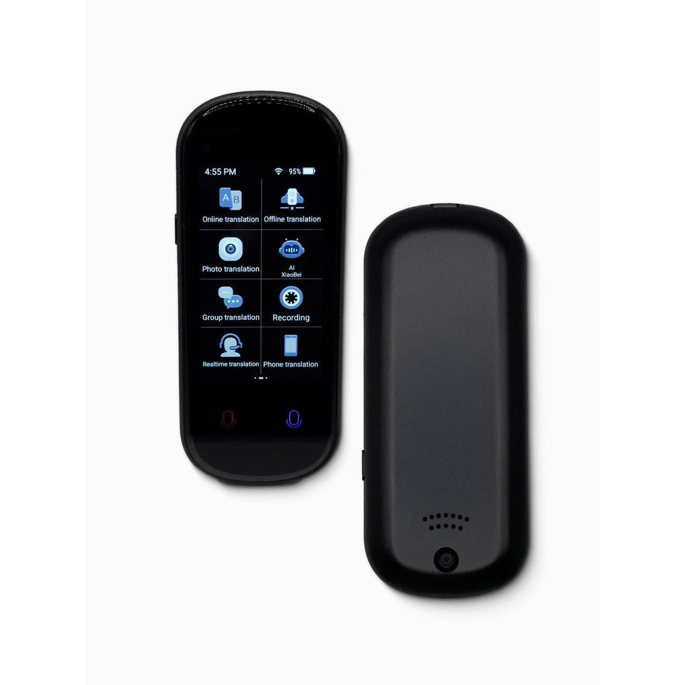 Black portable device with screen displaying icons on a white background