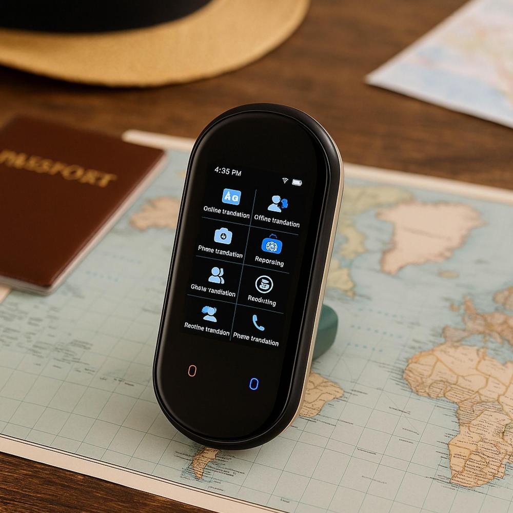 Black portable device with app icons on a world map