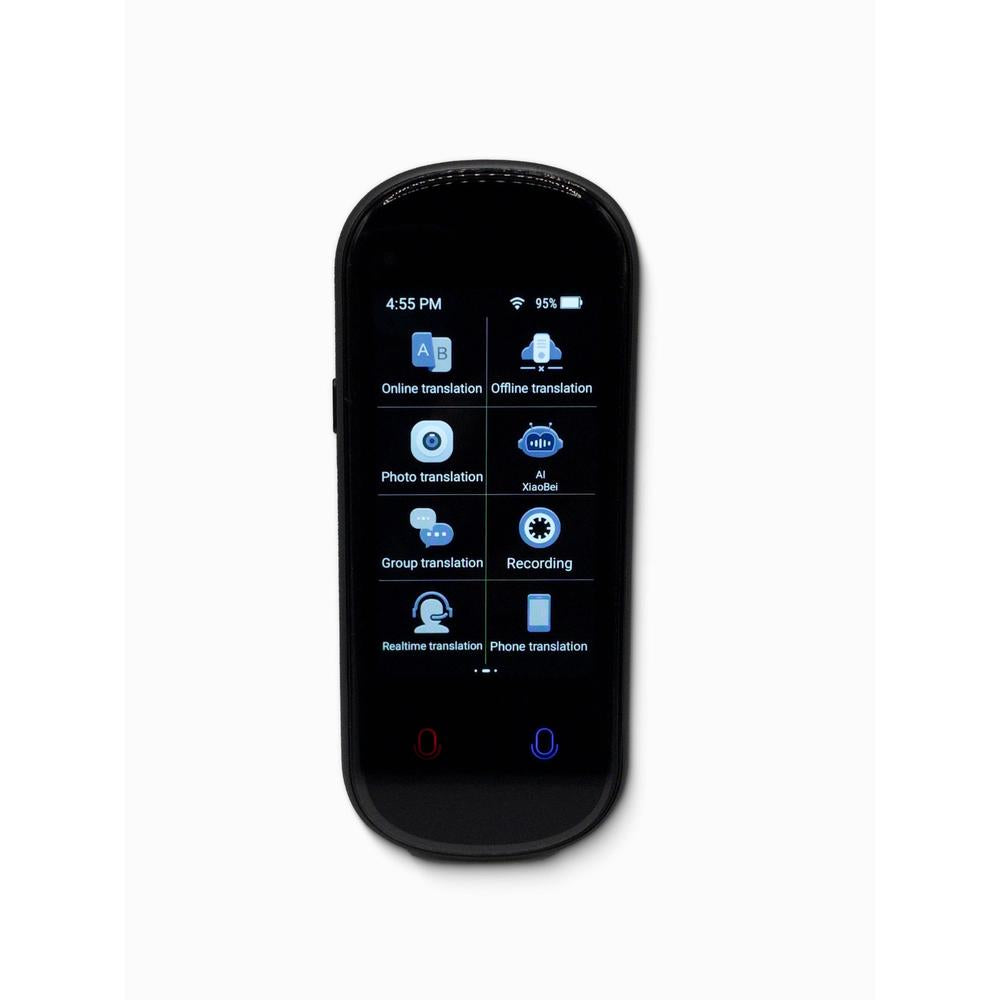 Black translation device with app interface on a white background