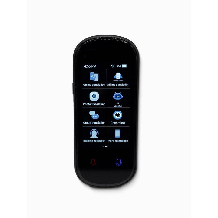Black translation device with app interface on a white background