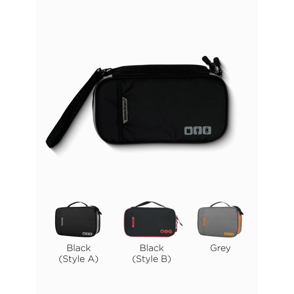 Black carrying case with a strap on a white background with color options displayed below.