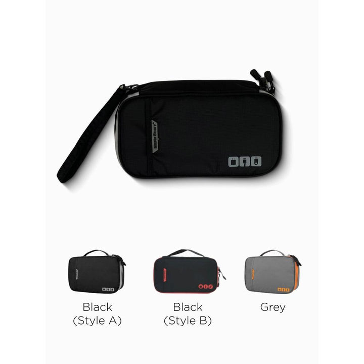 Black carrying case with a strap on a white background with color options displayed below.