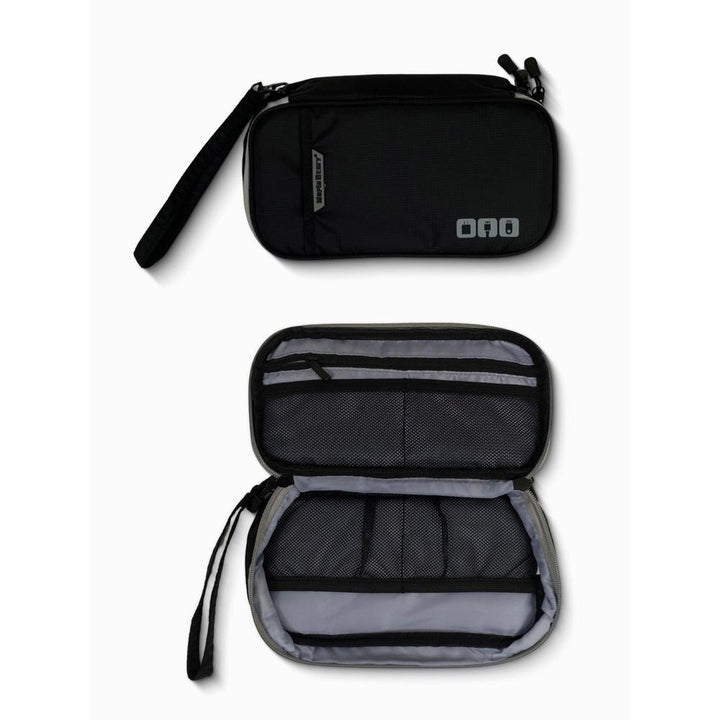 Black travel pouch with a strap on a white background