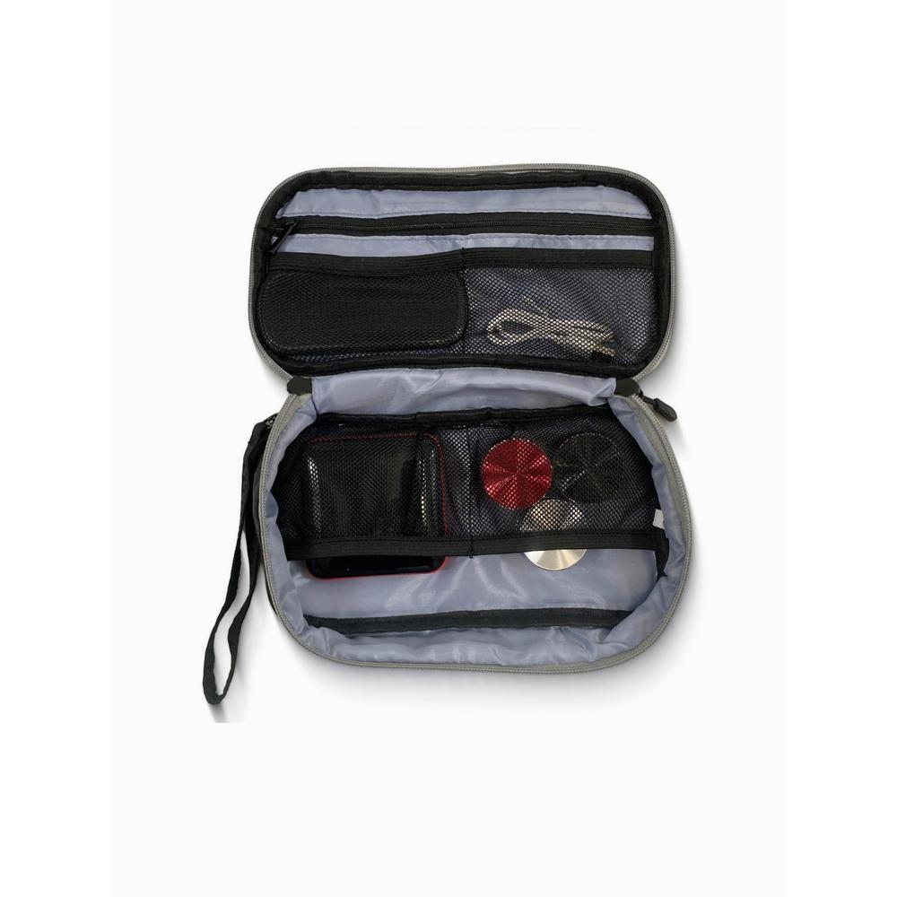 Gray travel pouch with black interior compartments on a white background