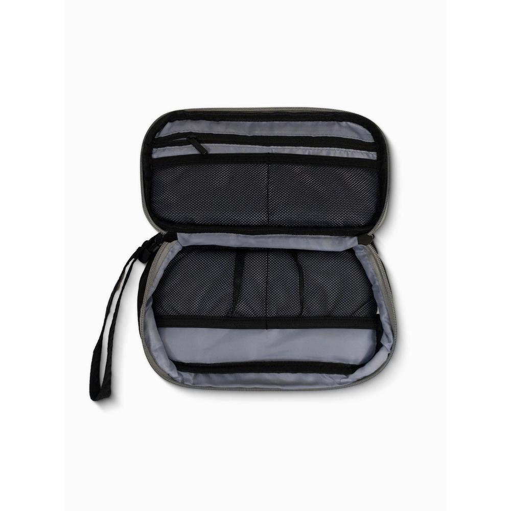 Black travel pouch with mesh compartments on a white background