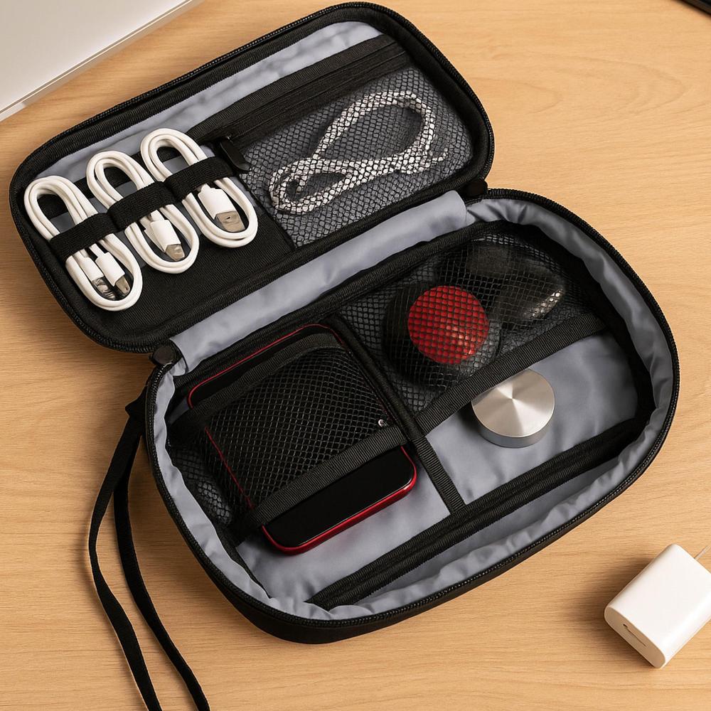 Organized travel case with electronic accessories on a wooden surface