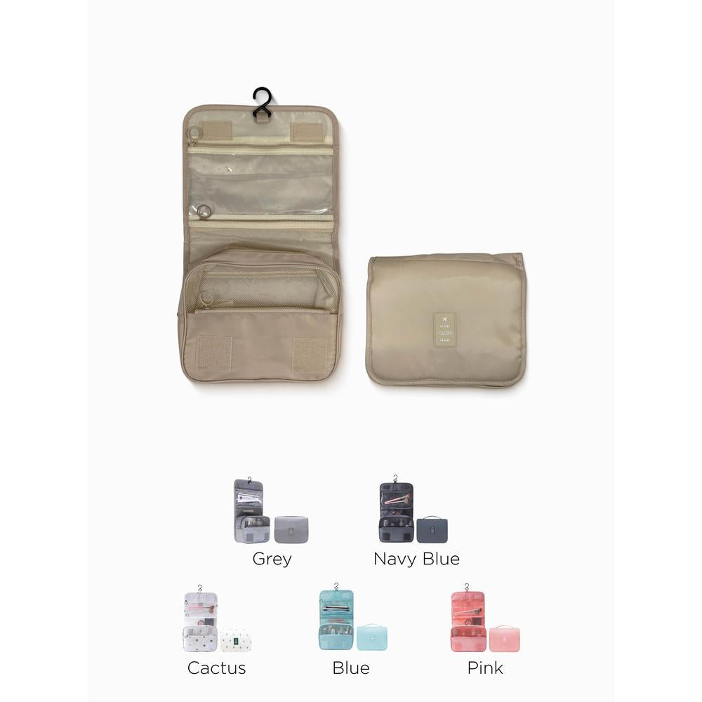 Travel organizer with detachable pouches in various colors on a white background