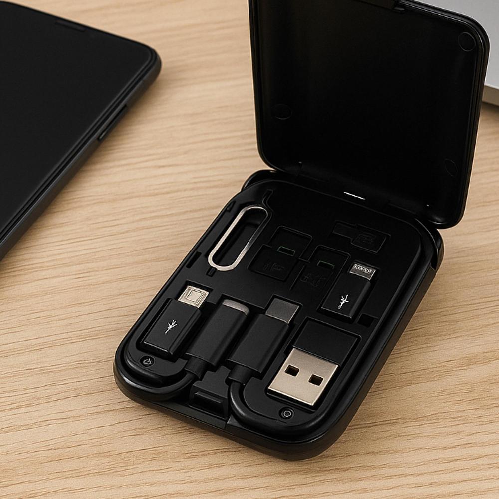Set of USB drives and connectors in a black charging dock on a wooden surface