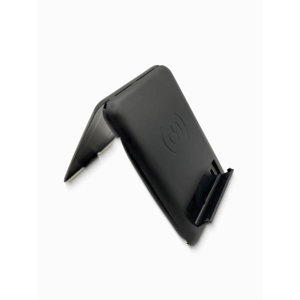 Black wireless charging stand on a white background